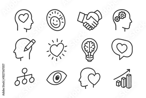 Collection of line icons: human head, handshake, heart, brain, sun, eye, growth.