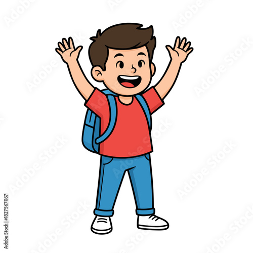 Happy Cartoon Boy With Blue Backpack Wears Red T Shirt And Blue Jeans Waving Hands Excitedly Ready For School Vector Illustration