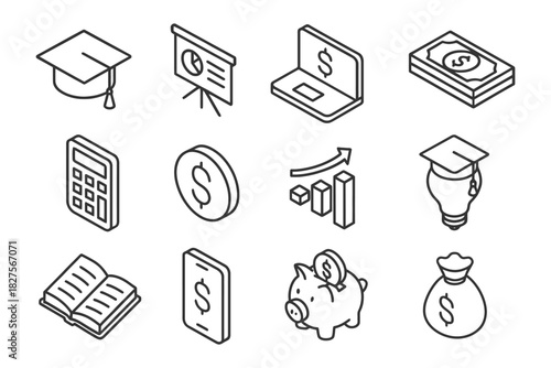 Finance and education icons: graduation cap, money, graphs, calculator, savings, growth.