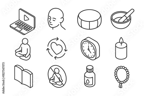 Mindful meditation: yoga, relaxation, self-care icons for wellness and harmony.