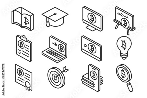 Bitcoin education icons: book, graduation cap, computer, chalkboard, certificate, laptop, video, bulb, target, smartphone, magnifying glass.