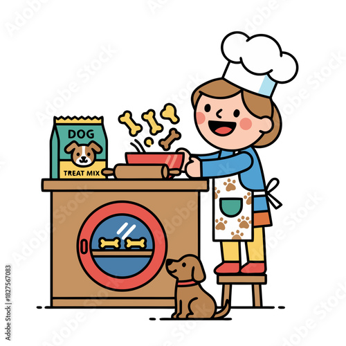 Happy child wearing chef hat and apron with paw print pattern making dog treats in a kitchen with a small dog watching indoor pastel colors
