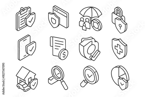 Isometric insurance icons set: shield, policy, security, protection, risk.