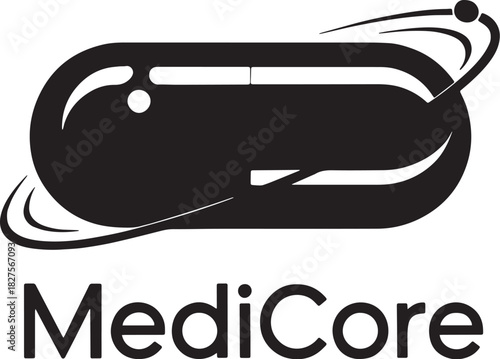 Medicore logo featuring a blue capsule design with orbiting lines