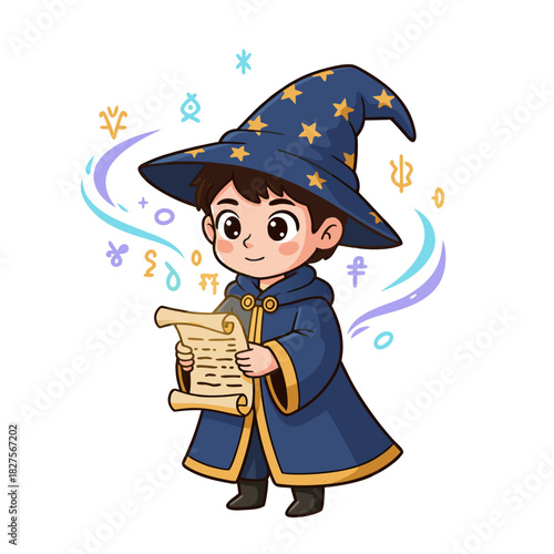 Cute Cartoon Boy Wizard Casting Snow Spell With Magical Symbols And A Scroll In A Dark Enchanted Forest