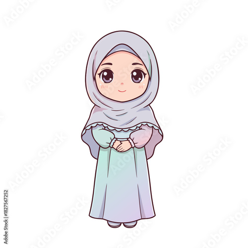 Cute cartoon girl wearing a light blue hijab and modest dress sitting cross-legged reading a book illustration in a flat design style against a black background