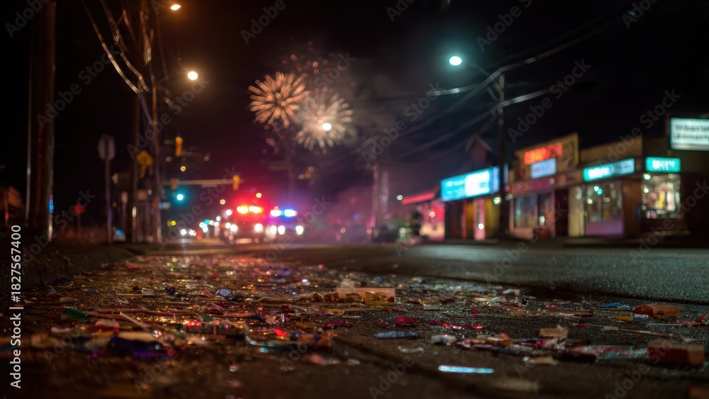 Fototapeta premium Vibrant urban night scene with fireworks and city street celebration debris