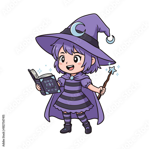 Cute Cartoon Wizard Girl With Purple Hat And Robes Holding A Spell Book And Wand Casting Magic Stars With A Happy Expression On A Transparent Background Digital Art