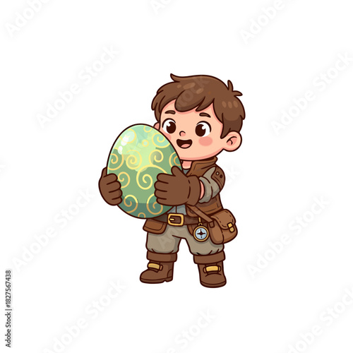 Cute Child Mage Apprentice Holding a Glowing Magical Egg with Swirling Patterns and Wearing Adventurer Outfit in a Fantasy Setting