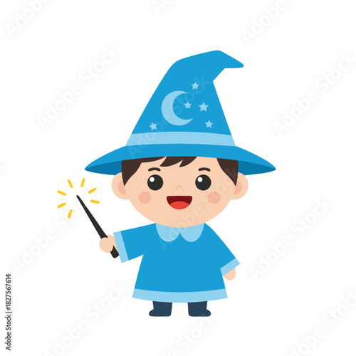Cute Young Boy Character Dressed as a Wizard in a Blue Robe and Hat Holding a Magical Wand with Sparkles on a Black Background