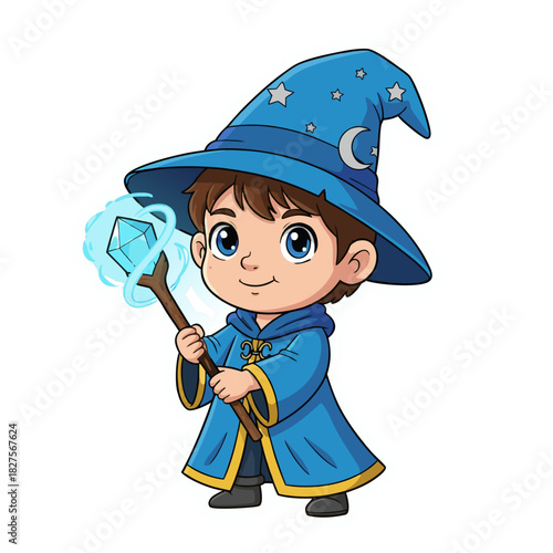 Cute young boy wizard with blue hat and robe casting magic with glowing crystal staff isolated on white background