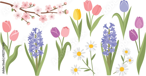 Cute spring garden flower collection in pastel flat vector style, ideal for greeting cards, stickers, and seasonal design