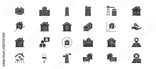 Real Estate Icon set containing commercial real estate, sky crapper, apartment, development, home, mortgage rate, property valuation and house flip vector icons