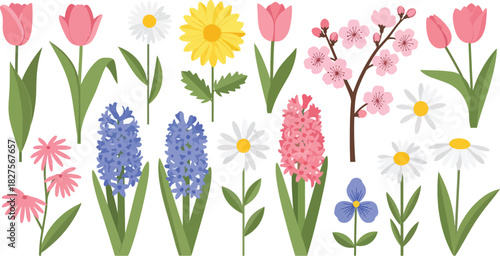 Cute spring garden flower collection in pastel flat vector style, ideal for greeting cards, stickers, and seasonal design