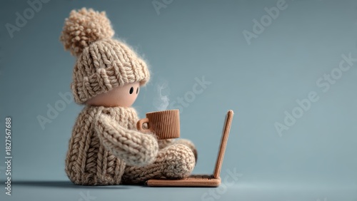 Cozy winter knitted doll enjoying coffee and laptop time