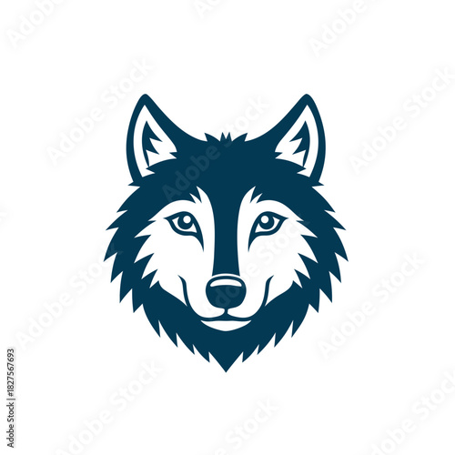 Deep Blue Wolf Head Emblem Isolated on Black Background Fierce Majestic Wild Animal Portrait Detailed Stylized Graphic Design