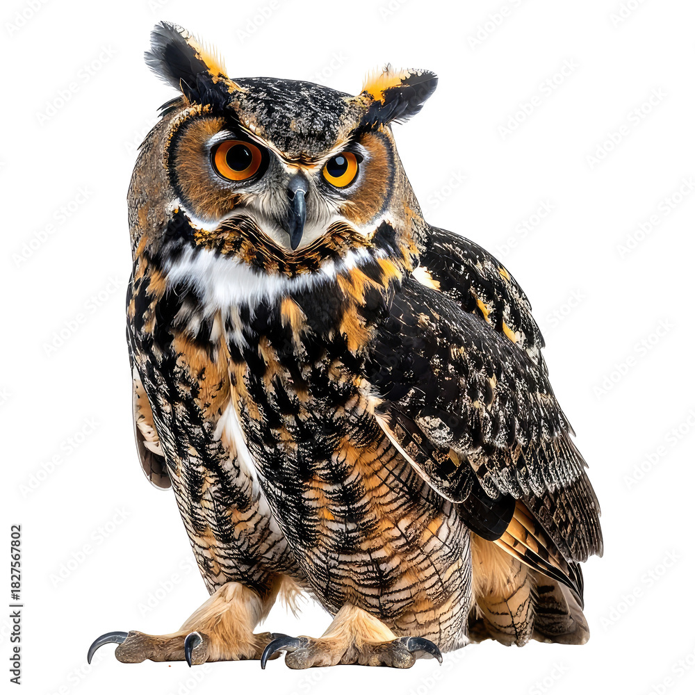 Obraz premium Great horned owl with sharp gaze, detailed feathers