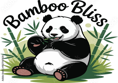  Cute panda vector illustration sitting calmly on a branch with bamboo leaves in its natural habitat
