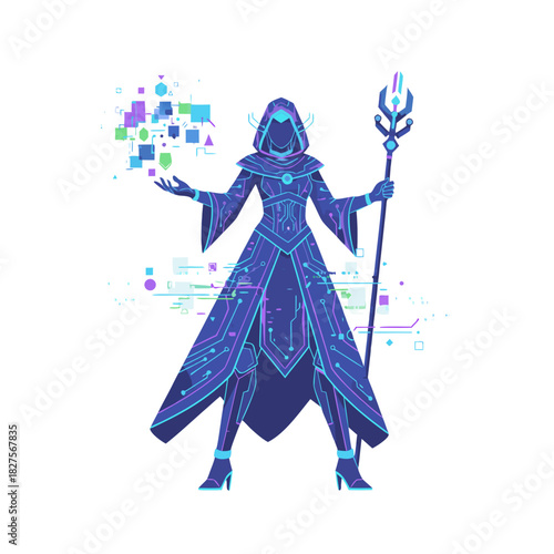 Digital Witch In A Robe With A Staff Casting Magic With Glowing Hands And Pixels Floating Around Her Against A Black Background