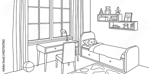 Children room graphic black white home interior sketch illustration vector 