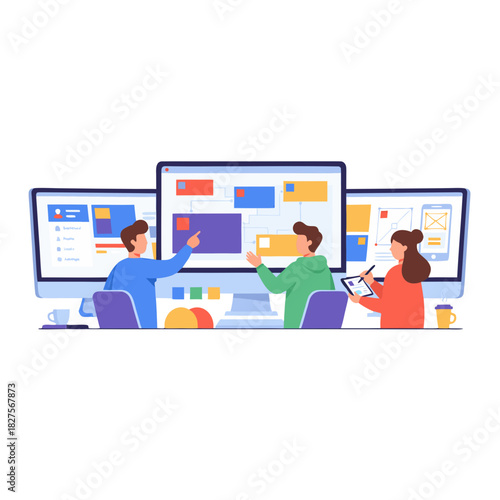 Diverse Graphic Designers Collaborating on Digital Layout Adjustments With Large Screen and Giant Pencil in a Modern Office Setting