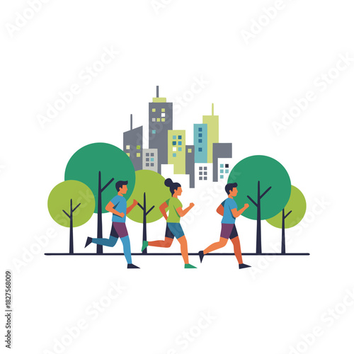 Diverse group of people jogging across a wooden bridge in a scenic riverside park with a cityscape in the background and lush green trees during daytime activity and healthy lifestyle