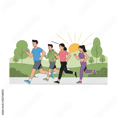 Diverse Group of People Jogging on a City Path Lined with Trees and Streetlamps Under a Bright Sun With Rays Evoking Warmth And Energy