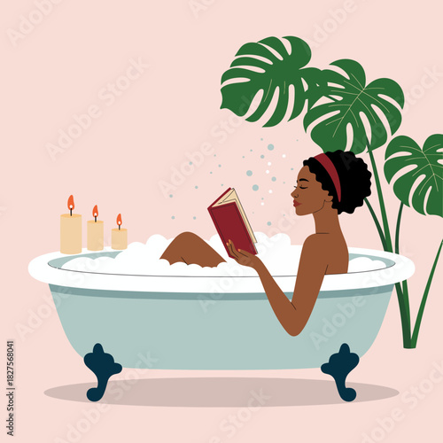 A serene and calming scene featuring a person enjoying a bubble bath while reading a book, surrounded by candles and tropical plants for ultimate relaxation.