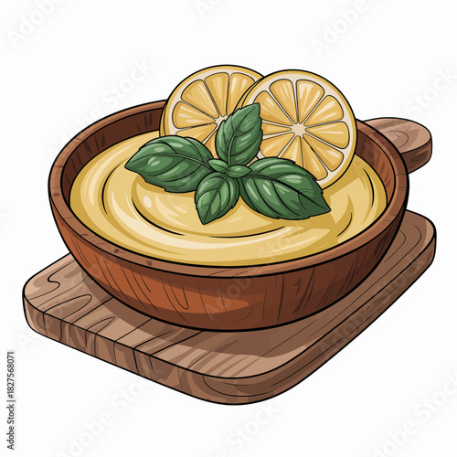 A bowl of creamy lemon hummus garnished with lemon slices and basil leaves. This dish is perfect for healthy eating, vibrant flavors, and culinary creativity to share with friends.
