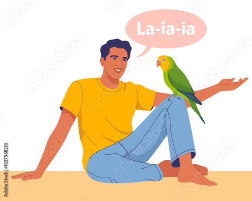 A delightful illustration that portrays a young man casually interacting with a parrot on his hand, evoking feelings of companionship, relaxation, and enjoyment of nature.