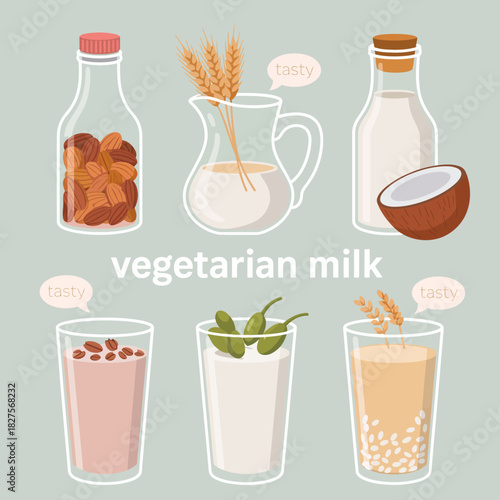 An assortment of delicious vegetarian milk alternatives is featured in stylish jars, representing a modern and healthy lifestyle choice for those seeking plant-based options.