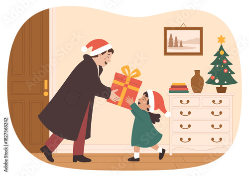 A joyful scene capturing a child receiving a beautifully wrapped gift from a parent during the holiday season, symbolizing love, joy, and the spirit of giving.