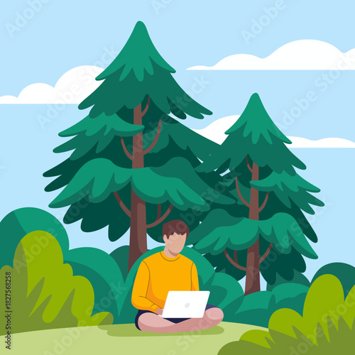 A person working remotely outdoors, symbolizing the blend of technology and nature. The serene environment emphasizes creativity and productivity in a relaxed manner.