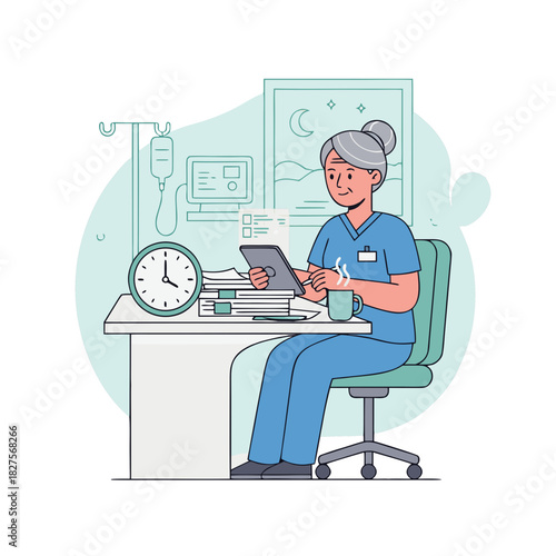 Elderly Female Nurse in Blue Scrubs Sitting at a Desk with a Tablet and Coffee Cup Planning Patient Care in a Hospital Office Setting with Medical Equipment in Background and Soft Lighting
