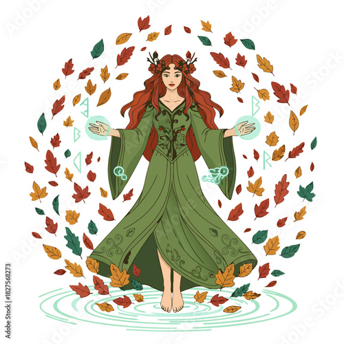 Dreamy Sky Witch Holding Moon With Stars In Her Cloak And Hair Surrounded By Autumn Leaves And Magical Runes