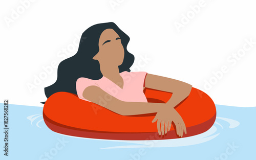 A serene woman is leisurely floating in a pool, showcasing relaxation and self-care, representing tranquility and peace amidst a calming water environment.