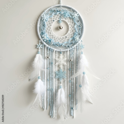 Handmade Dream Catcher with Snowflake and Feather Embellishments in Blue and White Tones