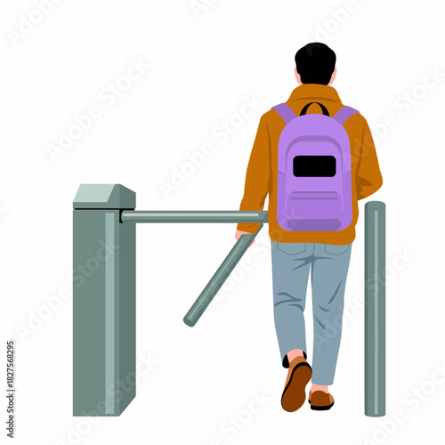 This image depicts a person casually passing through a turnstile with a backpack, symbolizing movement and travel while capturing a sense of adventure in urban life.