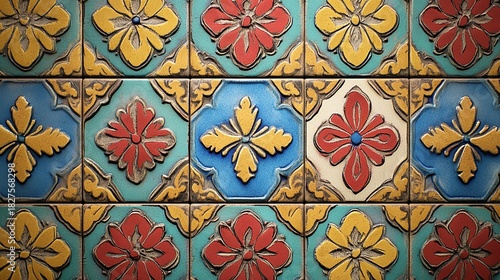 Closeup of colorful, ornate, vintage ceramic or clay decorative tiles featuring intricate floral and geometric patterns in blue, red, and yellow