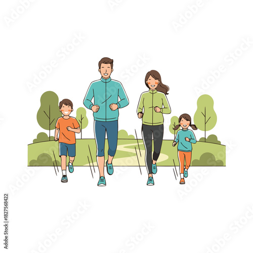 Family jogging together on a paved path through a park with trees and grass in flat pastel colors during daytime