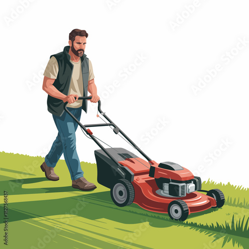 A man is shown mowing a lush green lawn, symbolizing home care and outdoor maintenance in a peaceful suburban setting under clear skies.