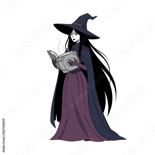 Fantasy Wizard Character Reading Spell Book Conjuring Magic With Smoke and Glowing Gem Offering In Flat Cartoon Style Detailed Illustration