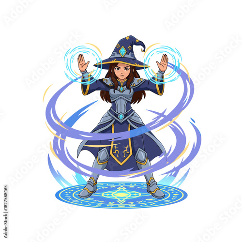 Fantasy Forest Witch In Earth Toned Robes With Gentle Smile Casts Magical Spell With Glowing Blue Energy Rings And Orbs On A Black Background