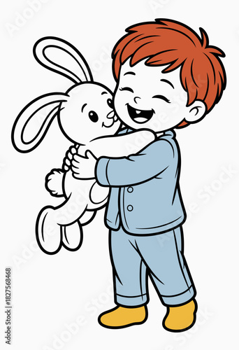 A joyful illustration of a young boy hugging a cuddly toy bunny, capturing the essence of childhood innocence, happiness, and the comforting bond between children and toys.