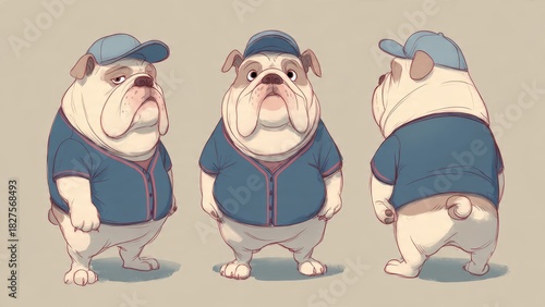 Cartoon bulldog in baseball uniform: front, side, and back view character design