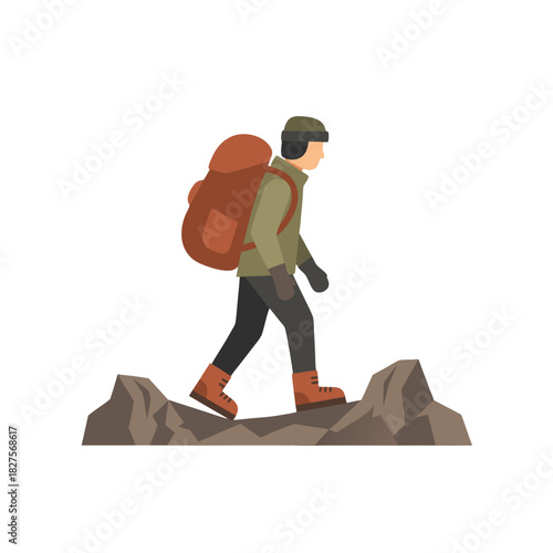 Female Trekker With Ponytail Standing Near Mountain Peak Resting On Walking Sticks Wearing Backpack And Hiking Gear