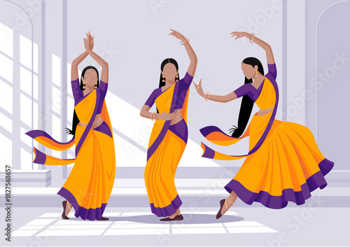 An energizing scene of three traditional dancers in vibrant outfits showcasing their cultural heritage and artistic expression through an intricate dance performance.