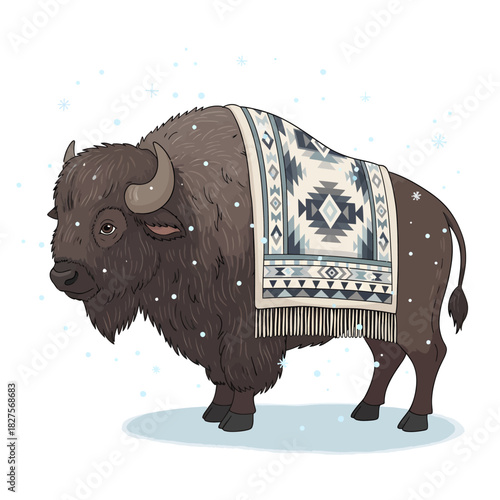 Illustration of a Bison Wearing a Decorative Blanket Amidst a Gentle Snowfall