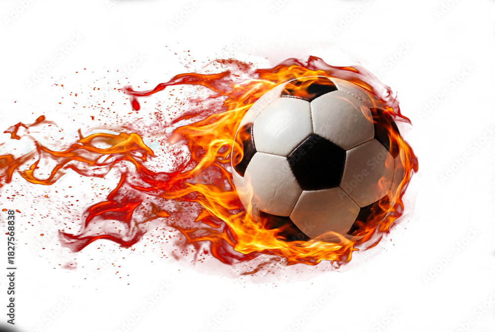 Fototapeta premium Soccer ball blazing with dynamic flames on dark grunge background, high-energy sports concept for competition, speed and goal scoring excitement in advertising and fan promotion