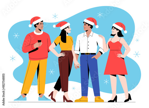 A vibrant group of friends dressed in festive attire celebrates the holiday season with joy, laughter, and togetherness, creating wonderful memories against a cheerful backdrop.